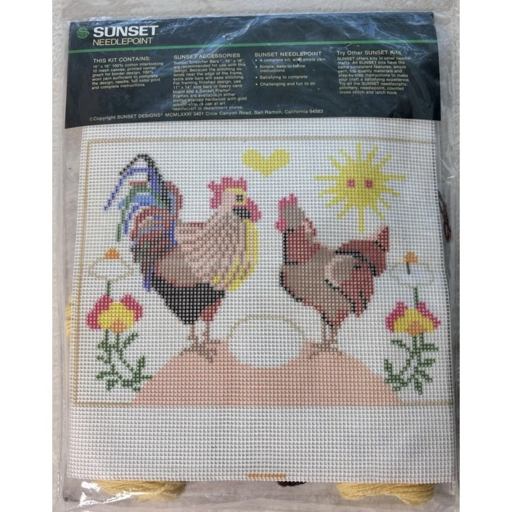 VTG Sunset Needlepoint 11x14 Rooster May Crow But Hen Delivers Goods 6960